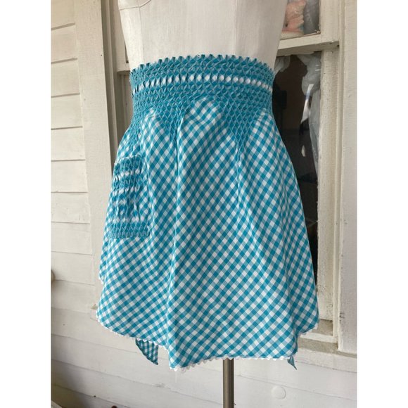 Vintage Turquoise Blue Gingham Check Smocked Half Apron Farmhouse - Picture 8 of 8